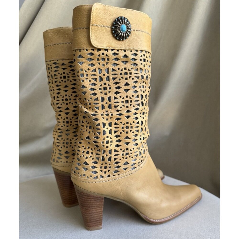 Stuart Weitzman Tan Leather Western Size 7 Heel Boots Turquoise - Picture 3 of 10